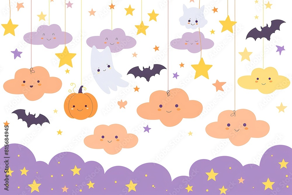 Naklejka premium pumpkins, white ghosts, bats and yellow stars on Purple background. Design elements for Halloween party. Flat cartoon illustration.