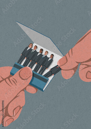 Hand removing businessman matchstick from matchbook