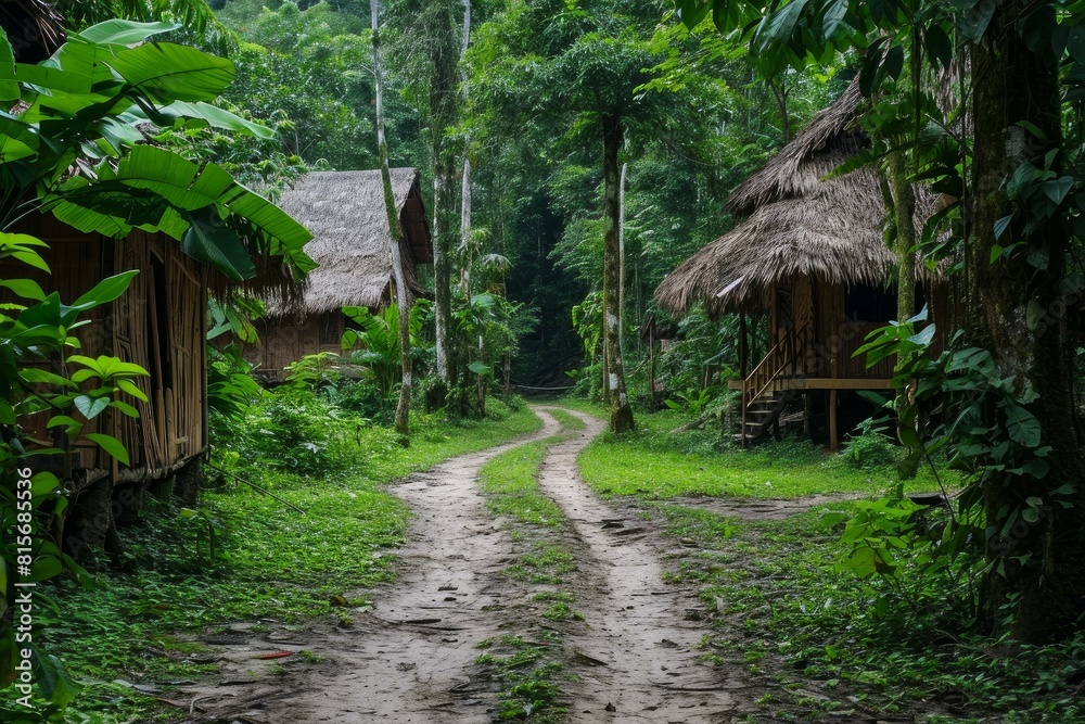 Serene dirt path winds through a lush rainforest, flanked by wooden huts with thatched roofs Serene dirt path winds through a lush rainforest, flanked by wooden huts with thatched roofs
