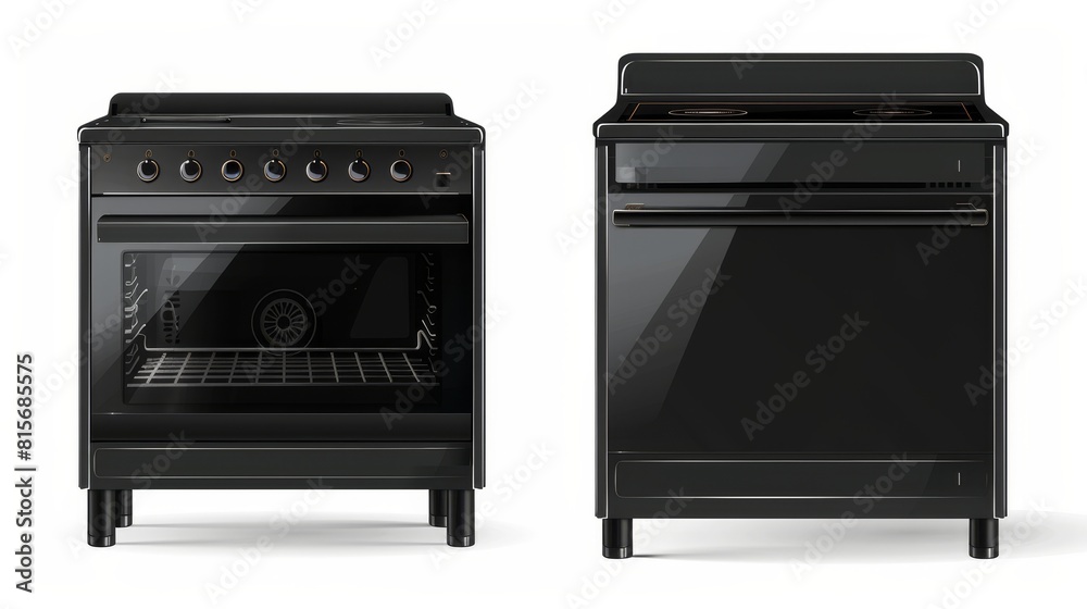 Various realistic scenes of a kitchen cooker with an open and closed oven door, black ceramic stovetop isolated on white. Modern realistic set of kitchen cooker with closed and open oven doors, black Various realistic scenes of a kitchen cooker with an open and closed oven door, black ceramic stovetop isolated on white. Modern realistic set of kitchen cooker with closed and open oven doors, black