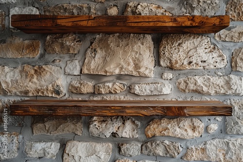 Empty wooden shelves against a stone wall background generative ai photo