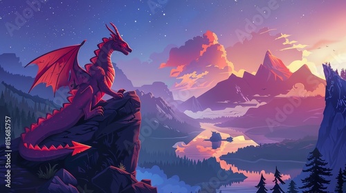 Throughout the night, a red dragon stands on cliff, with a road next to him. Cartoon landscape with mountains, forest, and lake with boat. Fantasy illustration with a magical beast with wings on © Mark