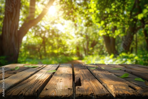 Wooden Table with Green Nature Garden Background. Spring Leaves and Plank Wood in Forest Scene