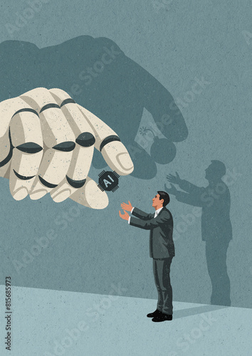 Robot giving businessman AI microchip with bomb shadow