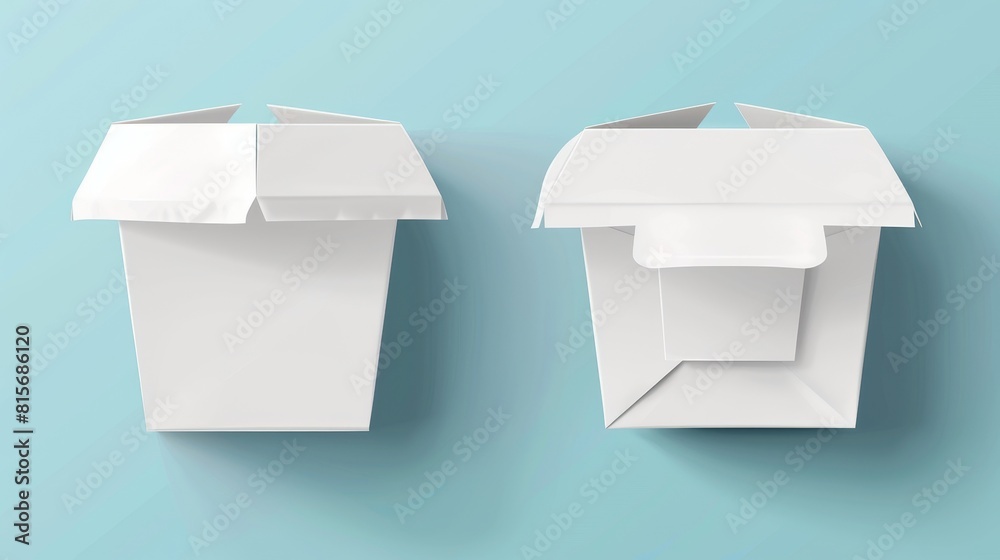 The modern realistic mockup of closed and open takeaway boxes in front and top view is isolated on a white background. The modern realistic mockup of closed and open takeaway boxes in front and top view is isolated on a white background.