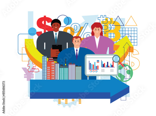 City businesspeople and global currencies