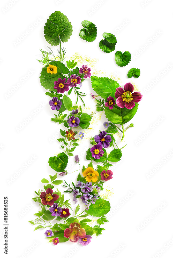 Human eco footprint made of mixed flowers and grass isolated on a white background. Ecology concept. Symbolic of our enviromental and carbon footprint. Human eco footprint made of mixed flowers and grass isolated on a white background. Ecology concept. Symbolic of our enviromental and carbon footprint.