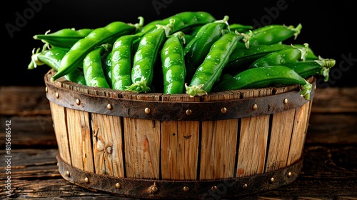   A wooden barrel sits beside a table, both holding green beans in a basket atop and inside respectively photo