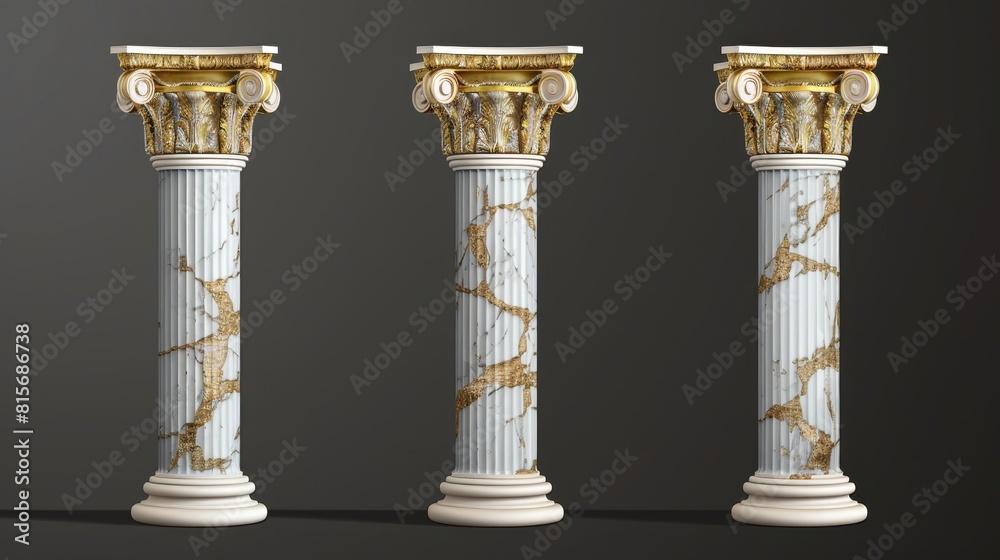 The ancient roman columns with their golden capitals and white marble architecture decor. 3D model realistic set of ancient greek white stones with golden capitals isolated on black background. The ancient roman columns with their golden capitals and white marble architecture decor. 3D model realistic set of ancient greek white stones with golden capitals isolated on black background.