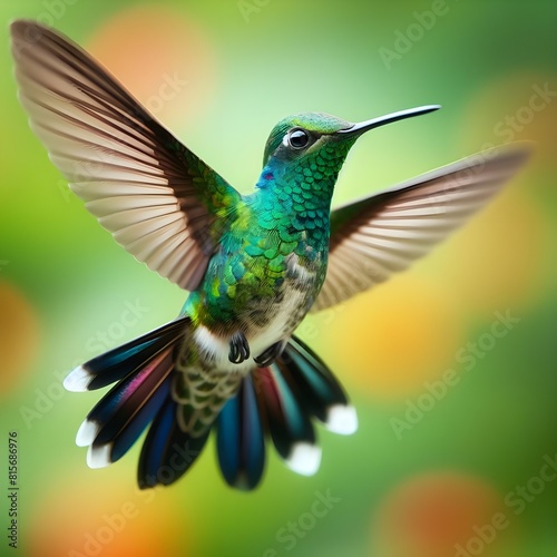 The hummingbird beats its wings at great speed.