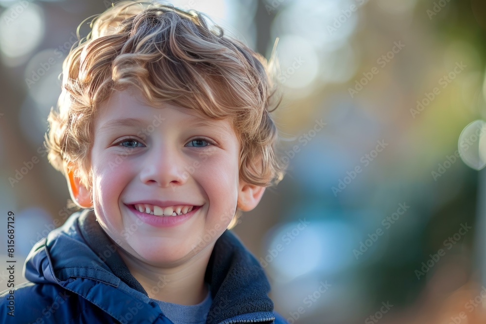 Close-up of a cheerful young boy with curly hair enjoying a sunny day in the park Close-up of a cheerful young boy with curly hair enjoying a sunny day in the park