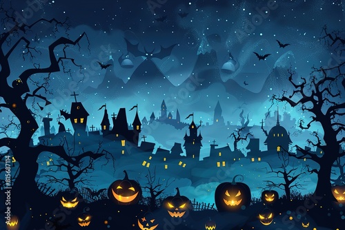 Halloween castle grave yard background with a spooky haunted castle, trees and graves and a full moon