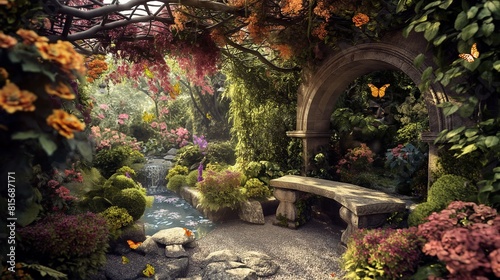 A tranquil garden nook within a mansion s grounds  featuring a stone bench under a canopy of flowering vines.