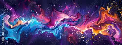 a bold and energetic abstract piece showcasing splashes of neon colors against a dark background. The colors should pop and sizzle, creating an electrifying and dynamic visual experience.
