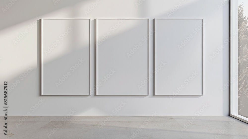 A contemporary gallery displaying three overlapping plain white frames, each positioned at a different angle to create a sense of depth. A contemporary gallery displaying three overlapping plain white frames, each positioned at a different angle to create a sense of depth.