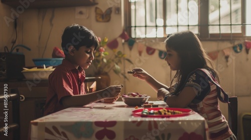 Brother and sister enjoy sweets, Raksha Bandhan, simple decor. Raksha Bandhan celebration with sweets and simple decorations.

