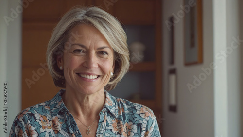 A headshot of a smiling older woman with short brown hair. She is wearing a blue and white floral shirt and is sitting in a living room.