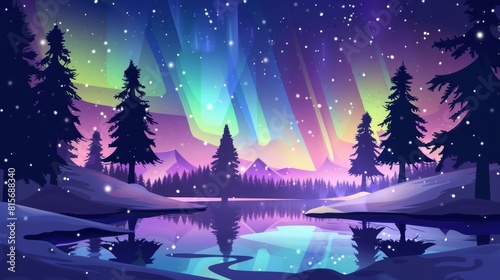 Poster of northern lights in arctic night sky. Modern banner showing cartoon winter landscape with lake, trees silhouettes, and green, blue, and pink polar lights.