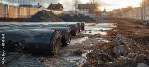 Rolls of geotextile fabric lie in anticipation, ready to fortify the earth and stabilize the ground photo