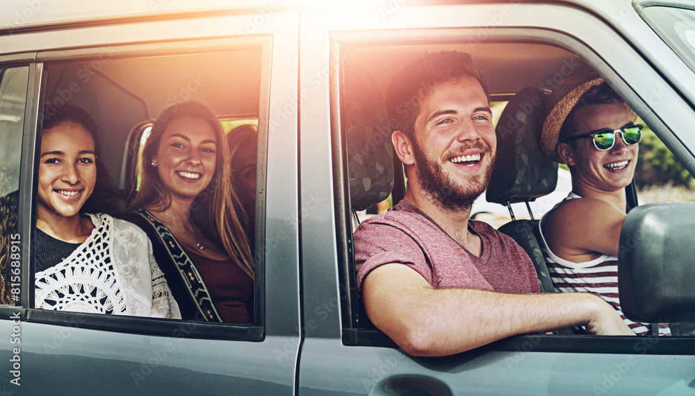 Fototapeta premium Friends, happy and road trip in car for travel, together and journey with explore, adventure and vacation. People, smile and excited in van or suv with transport for summer, crazy drive and freedom