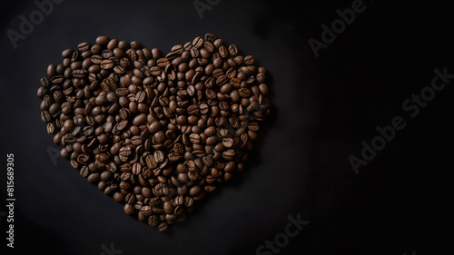 Heart Shaped Roasted Coffee Beans On Dark Background With Copy Space - Generative AI