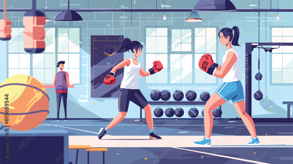 Woman boxing with trainer in gym. Box coach with hand