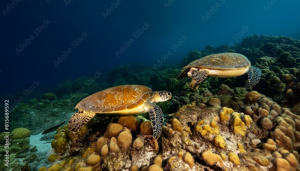 Obraz premium Turquoise Tranquility: Swimming Sea Turtles.Capturing Aquatic Life. Vivid Blue Ocean Serenity.sea, underwater, turtle, water, coral, nature, ocean, fish