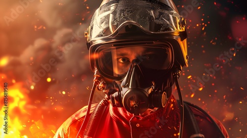 Firefighter - A close-up of a firefighter's masked face, capturing determination amidst chaos