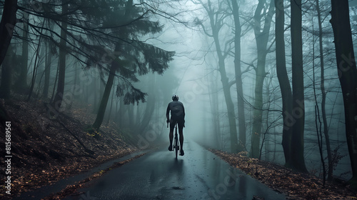 cyclist in a misty forest