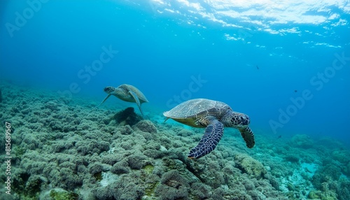 Turquoise Tranquility: Swimming Sea Turtles.Capturing Aquatic Life. Vivid Blue Ocean Serenity.sea, underwater, turtle, water, coral, nature, ocean, fish