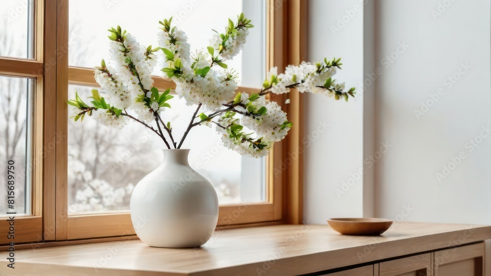 Home interior decor elements. Blooming spring tree branch in vase near window and white wall Home interior decor elements. Blooming spring tree branch in vase near window and white wall