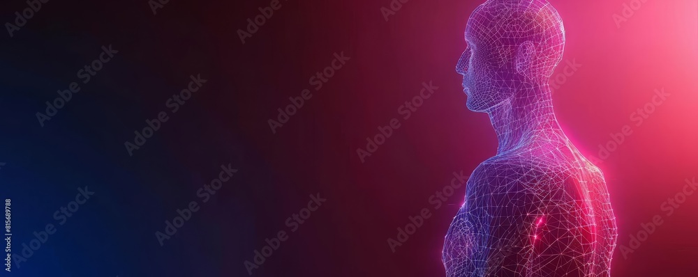 Glowing wireframe human figure representing ideal body proportions on a dark gradient background Glowing wireframe human figure representing ideal body proportions on a dark gradient background