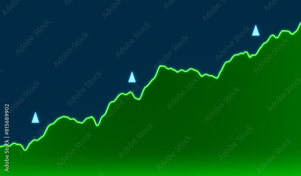 Obraz premium Rising green chart with blue arrows up. Stock exchange, bull market, moving up, investment, growth, wealth, business.