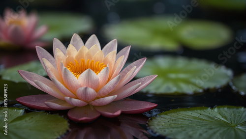 A pink water lily is floating on the surface of a pond surrounded by large lily pads.  