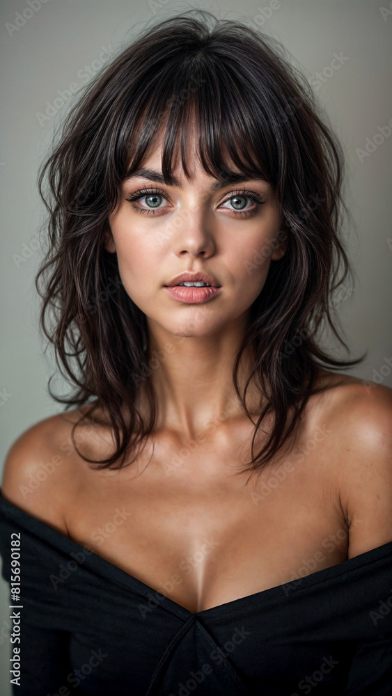 A Mesmerizing Gaze: Woman with Dark Bangs Holds Viewers Captive A Mesmerizing Gaze: Woman with Dark Bangs Holds Viewers Captive