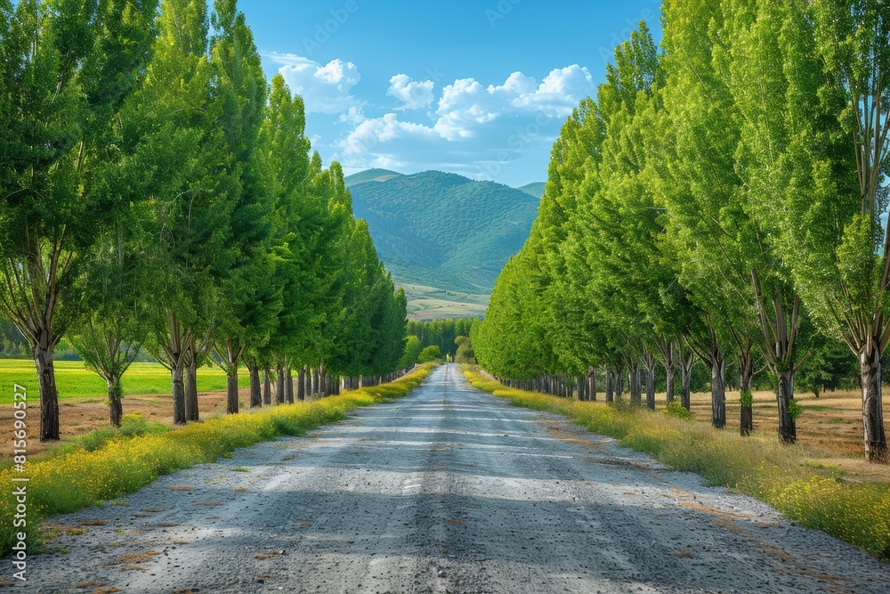Poplar Tree Lined Road: Symmetrical rows of trees along a country road. Poplar Tree Lined Road: Symmetrical rows of trees along a country road.
