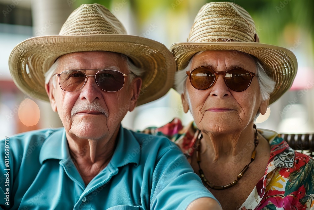 Elderly couple in straw hats with content expressions during a holiday escape