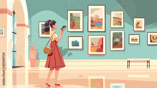 Woman visiting gallery flat vector illustration. Youn