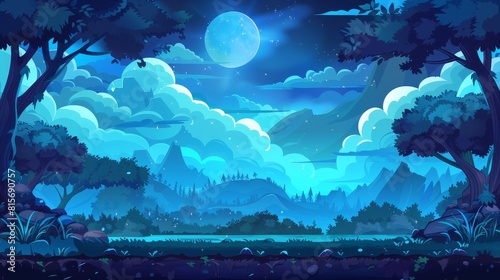 A 2D cartoon background  featuring a dark forest with creepy trees and mountains. Ui design for mobile or desktop  with jumping arcade elements.