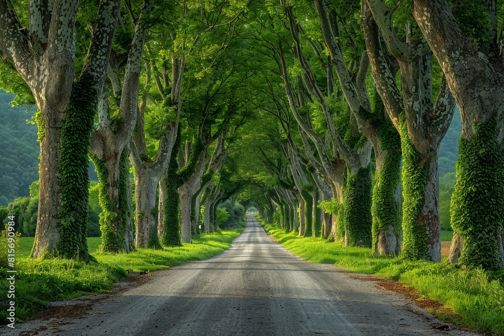 Naklejka premium Poplar Tree Lined Road: Symmetrical rows of trees along a country road.