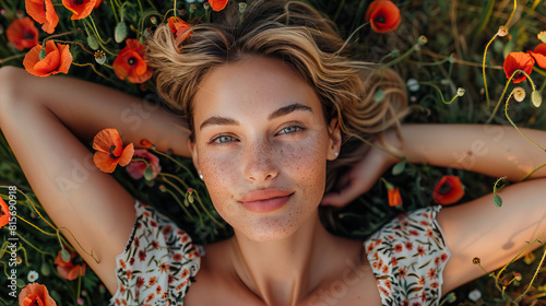 Close-up top-down view, stylish woman wearing very modern minimalist clothing, smiling and staring at camera, lying down supine in a field of flowers. Isolated shot, bokeh, summer, mental health, calm photo