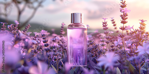 Botanical Glow Lavender Oil for Natural Skincare Delight on glass bottle with purple flowers branches and blurred background.