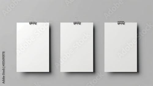 Three blank white pages hang on a gray wall by binder clips.

 photo