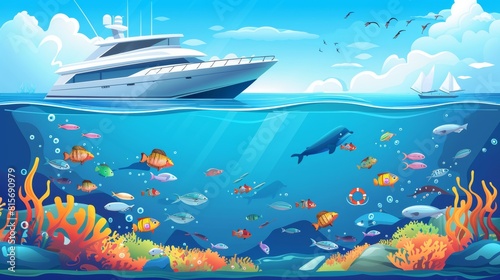 An underwater seascape with a school of fish and a boat. Modern illustration of a bottom perspective view of an ocean  lake or river surface with a white ship or yacht.