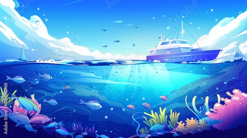 Underwater sea landscape with school of fish and boat. Modern cartoon illustration of bottom view to the surface of an ocean, lake, or river with a white ship. © Mark