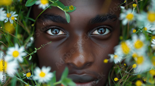 Close-up top-down view, stylish man wearing very modern minimalist clothing, smiling and staring at camera, lying down supine in a field of flowers. Isolated shot, bokeh, summer, mental health, calm photo