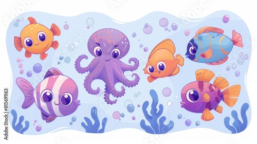 Animals of the ocean  octopus  puffer fish  angler and betta fish. Modern landing pages featuring cartoon illustrations of cute marine life.