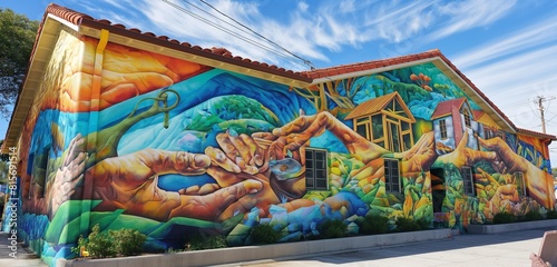 A vibrant mural on the side of a residential building, where the artwork creatively incorporates the theme of hands building and sustaining a community.