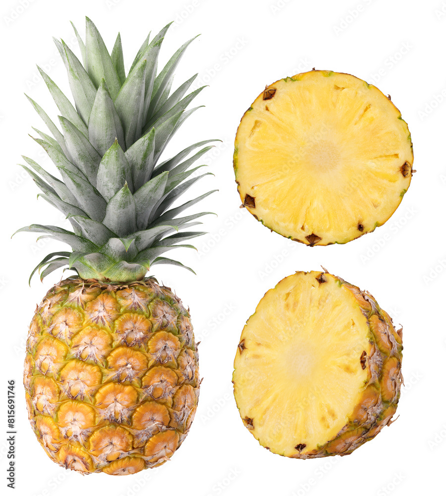 pineapple fruit, half and slices isolated, pineapple fruit macro studio photo, transparent png, PNG format, cut out pineapple fruit, half and slices isolated, pineapple fruit macro studio photo, transparent png, PNG format, cut out