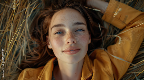 Close-up top-down view, stylish woman wearing very modern minimalist clothing, smiling and staring at camera, lying down supine in a field of flowers. Isolated shot, bokeh, summer, mental health, calm photo